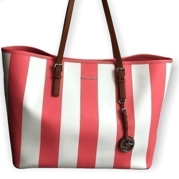 Michael kors pink white striped tote bag - Picture 1 of 16